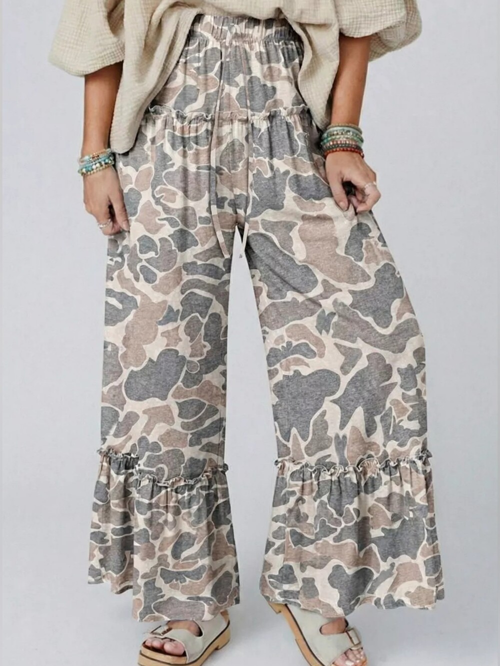 Camo Print Ruffle Hem Wide Leg Pants